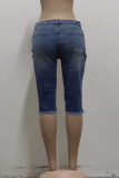 Blue Casual Solid Ripped Mid Waist Skinny Denim Shorts