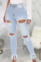 Baby Blue Sexy Solid Ripped High Waist Skinny Denim