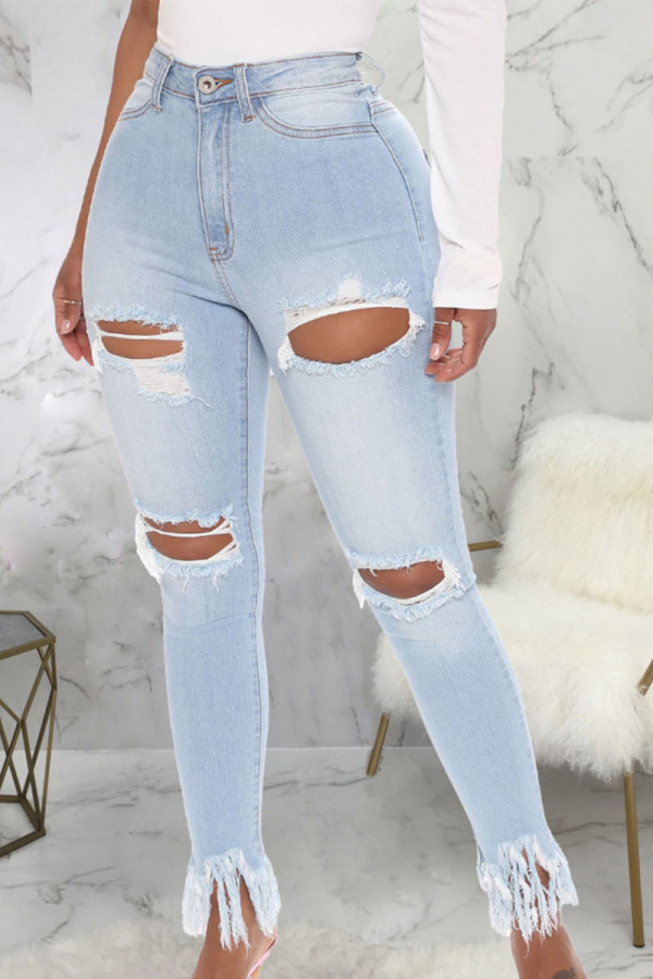 Baby Blue Sexy Solid Ripped High Waist Skinny Denim