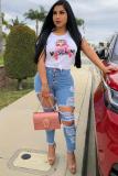 White O Neck Short Sleeve Print Patchwork Tees & T-shirts