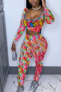 colour Fashion Casual Adult Print Patchwork Square Collar Long Sleeve Regular Sleeve Short Two Pieces
