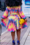 Red Casual Print Patchwork O Neck Cake Skirt Plus Size Dresses