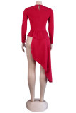 Red Fashion Casual Solid Patchwork O Neck Irregular Long Sleeve Tops