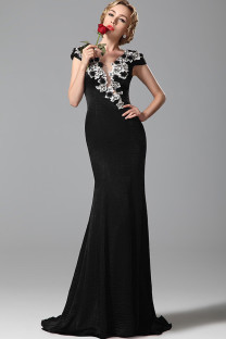 Black Sexy Cap Sleeve Short Sleeves V Neck Step Skirt Floor-Length Solid Print