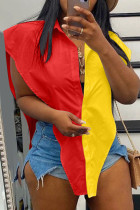 Red Yellow Fashion Casual Patchwork Asymmetrical Turndown Collar Tops