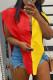 Red Yellow Fashion Casual Patchwork Asymmetrical Turndown Collar Tops