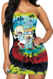 Green Fashion Sexy adult Ma'am Green Pink Off The Shoulder Sleeveless One word collar Step Skirt Knee-Length Print Patchwork Dresses