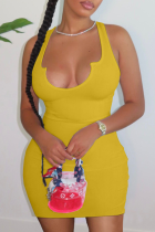 Yellow Sexy Solid Patchwork U Neck Pencil Skirt Dresses