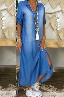 Blue The cowboy Fashion adult Ma'am Sweet Cap Sleeve Half Sleeves Turndown Collar Princess Dress Ankle-Length Solid Dresses