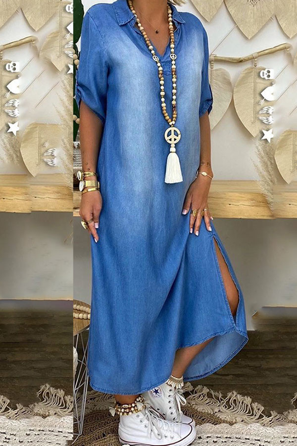 Blue The cowboy Fashion adult Ma'am Sweet Cap Sleeve Half Sleeves Turndown Collar Princess Dress Ankle-Length Solid Dresses