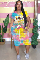 Pink Fashion Casual adult White Blue Green Pink Yellow Multi-color multicolor Cap Sleeve Short Sleeves O neck A-Line Mid-Calf Print Patchwork Ombre bandage Dresses