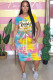 Pink Fashion Casual adult White Blue Green Pink Yellow Multi-color multicolor Cap Sleeve Short Sleeves O neck A-Line Mid-Calf Print Patchwork Ombre bandage Dresses