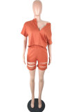 Orange Fashion adult Lightly cooked Patchwork Solid Hole Two Piece Suits HOLLOWED OUT Straight Half Sleeve Two Pieces