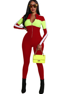 Red Casual Fashion Solid zipper Patchwork Long Sleeve V Neck 