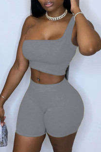 Grey Sportswear Solid Patchwork One Shoulder Sleeveless Two Pieces