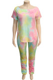 Blue Fashion Casual adult Ma'am O Neck Tie Dye Two Piece Suits Plus Size