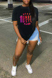 Black Fashion Casual Print Basic O Neck T-Shirts