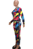 Rose Red Sportswear Print Zipper Collar Long Sleeve Two Pieces