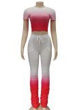 Red Casual Print Boot Cut Short Sleeve Two Pieces