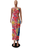 Red Sexy Print Hollowed Out Spaghetti Strap Pencil Skirt Dresses