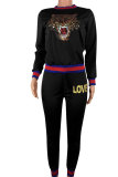 Black Drawstring Mid Animal Prints pencil Pants Two-piece suit