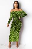 Fluorescent green Fashion adult Sexy Cap Sleeve Long Sleeves One word collar Step Skirt Mid-Calf bandage Leo