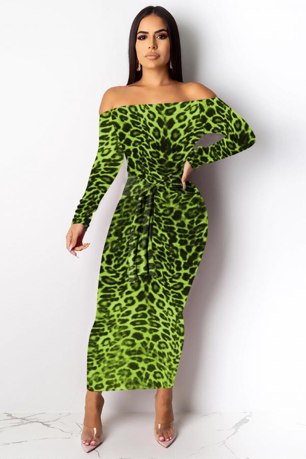 Fluorescent green Fashion adult Sexy Cap Sleeve Long Sleeves One word collar Step Skirt Mid-Calf bandage Leo
