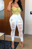 White Fashion Casual Solid Ripped High Waist Skinny Jeans