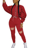 Black Fashion Casual Patchwork Ripped Strap Design O Neck Long Sleeve Batwing Sleeve Regular Two Pieces