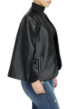 Black PU O Neck Long Sleeve Solid Long Sleeve Tops
