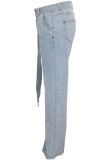 Light Blue Denim Zipper Fly Button Fly High Zippered Pocket Solid Straight Pants 