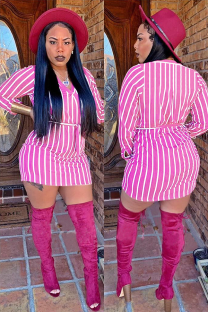 Pink Fashion Long Sleeves O neck Hip skirt Mini Striped Long Sleeve Dresses
