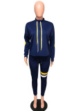 Navy Blue Casual England Striped Patchwork Print Long Sleeve Two Pieces