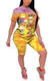 White Fashion Casual adult Ma'am Print Character Two Piece Suits Straight Short Sleeve Two Pieces