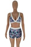 Blue Active Fashion backless Slim fit Print crop top asymmetrical Floral Two Piece Suits Regula