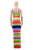 Green Fashion Sexy Striped Print Slit O Neck Sleeveless Dress