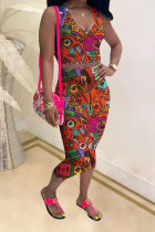 Red Fashion Casual adult Patchwork Print Character Two Piece Suits pencil Sleeveless Two Pieces
