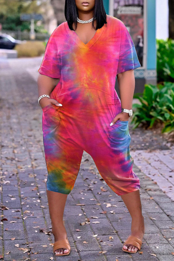 Red Fashion Casual Tie Dye Printing V Neck Loose Jumpsuits (Cropped Pants)