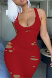 Red Fashion Sexy Solid Ripped Hollowed Out V Neck Vest Dress
