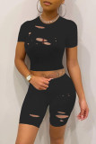Black Fashion Casual Solid Ripped O Neck Short Sleeve Two Pieces