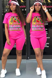 rose red Fashion Casual adult Letter Patchwork Print Two Piece Suits Straight Short Sleeve Two Pieces