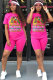 rose red Fashion Casual adult Letter Patchwork Print Two Piece Suits Straight Short Sleeve Two Pieces