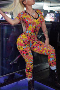 Yellow Sexy Fashion Print Patchwork Short Sleeve V Neck Jumpsuits