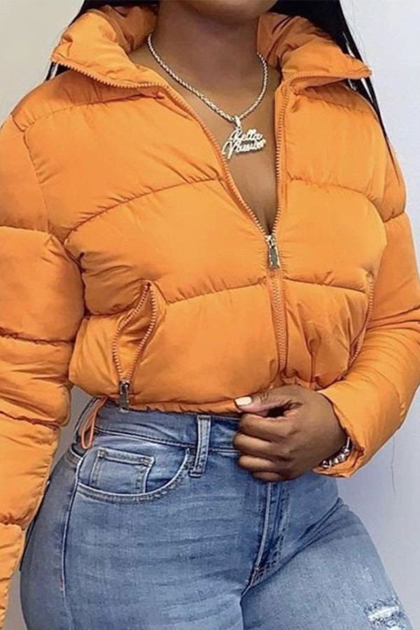 Orange Casual Solid Turndown Collar Outerwear