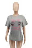Grey Fashion Casual Print Basic O Neck T-Shirts