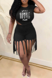 Black Casual Print Tassel O Neck Short Sleeve Two Pieces