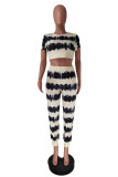 White Black Fashion Casual Print Basic O Neck Long Sleeve Two Pieces