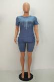 Blue Casual Fashion diamonds Solid Two Piece Suits Slim fit Regular Short Sleeve Two-Piece Sho