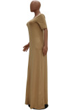 Black Fashion Casual Red Black Khaki Yellow Sky Blue Lake Blue Cap Sleeve Short Sleeves V Neck Swagger Floor-Length Solid Dresses