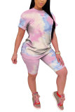 Powder blue Fashion Casual adult Patchwork Print Tie Dye Gradient Two Piece Suits pencil Short Sleeve Two Pieces